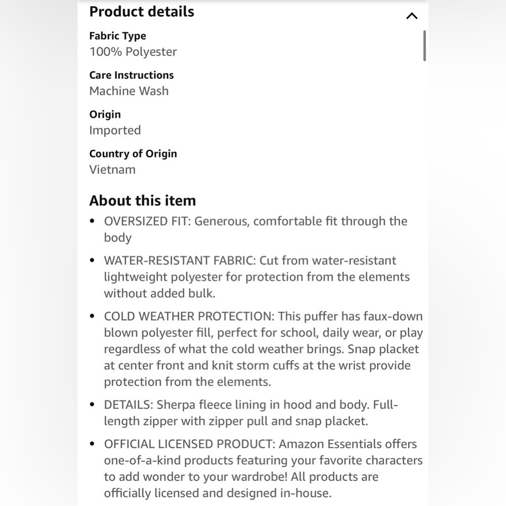 AMAZON ESSENTIALS DISNEY Girl’s XXL(14-16) Puffer Coat - Picture 4 of 5